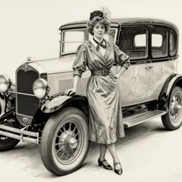 Louis Icart, an old colored drawing of a woman posing in front of a 1920's car by Louis Icart, highly detailed, masterpiece
