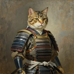 an oil painting of a cat samurai in Japanese armour, by Rembrandt