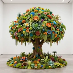 poetic exhuberance, a stunning intriguing 3 d rendering, composed of tiny colorful details and plants, hyperdetailed, contemporary masterpiece, in clean minimal style museum, deep focus, striking