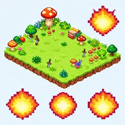 pixel retro gaming isometric view of a lush beautiful world, mushrooms and swords, gradient explosions collage,