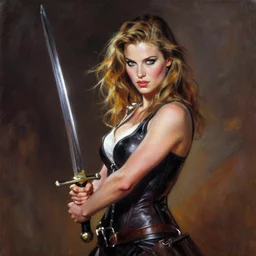 claudia schiffer as a swordswoman painted by brom fantasy art