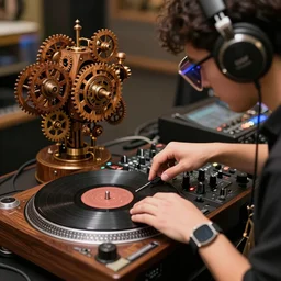 a person working a steampunk mixing board and record player doing turntablism dj scratching, intricate carved wood, planetary gears, complex contraption, wearing old school headphones and visor, cinematix, imax, sharp focus, hyper detail