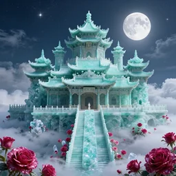 china's ancient huge sea blue palace, china's jade palace, light sapphire, ruby, cloud, crystal, rose garden, fantasy, ultra exquisite, ultra wide view, ultra detail, epic movie visual impact, surrealism, hd, cg rendering, 3 d effect, full moon, sky and stars, 8 k,