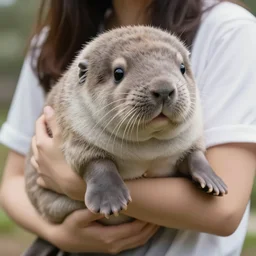 incredibly fluffy cat sized pygmy manatee being cradled by a person, realistic, fantasy, pet, adorable, national geographic