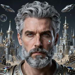 studio portrait lighting close face portrait a single face centered nice gray hair and beard, man, half soap bubble mind, half symetrical highly detailed ornate with jewels and precious metals futuristic, half sandman kingdom, outside view from half castle kingdom of dreams, space ships, hiperrealistc, global illumination, radiant light, silver, art by andreas achenbach