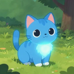 illustration of glowing cute blue cat, grassy field and tree, detailed concept art, artstation, warrior cats, shading,