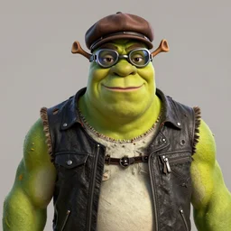Muscular Shrek with a handlebar mustache, goggles, a biker hat, and wearing a sleeveless ripped black leather jacket, portrait, digital art, trending on artstation, very detailed, highly detailed, HD quality, 8k resolution