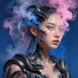 3 d, pink and blue smoke, sun rays, green eyes fashion model, sweat skin, liquid black metal, snakes, poster art, high detail, intricate oil painting, multiple exposure, deep blue mood, hyperrealism, 3 d, by tooth wu and wlop and beeple and greg rutkowski