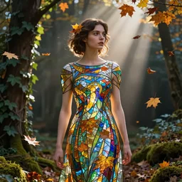 portrait of a woman wearing a dress of stained glass , autumn leaves falling, dramatic volumetric lighting, god rays, global illumination, soft, sharp focus, sci-fi, ivy, moss, trending on artstation, intricate concept art by virgil hoo and alphonse mucha