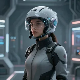 Woman wearing a futuristic helmet standing in a virtual world, trending on artstation, 50mm, by Noah Bradley