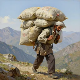 kurdish man walking up a mountain with a huge backpack on with bags of rice attached on, beautiful painting by henry justice ford, incredible detail, award winning art