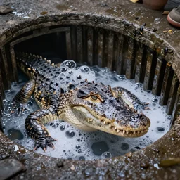 a crocodile having a bubble bath in a new york sewer realistic cinematic 3 5 mm