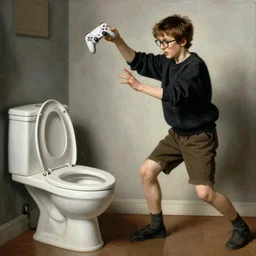 white boy with brown hair and glasses throwing a video game into a toilet, renaissance painting
