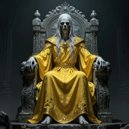 a tall pale humanoid being sitting upon an ornate stone throne, 4K, digital art, horror, dramatic, wearing a long yellow garment,