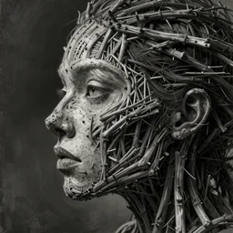 a womans face in profile made of skeleton twigs in face in the style of the beeple and wlop, intricate details, trending in art station, charcoal, beautiful