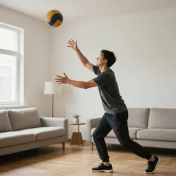 Subject performing Action with Object at Place:: Subject is a man, Action is throwing, Object is Ball, Place is Room.