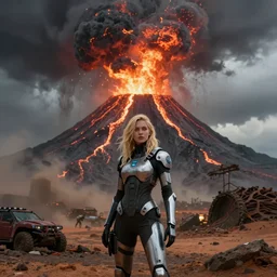 volcano eruption post apocalyptic scene with a blonde cyber girl futuristic mars mad max bladerunner stormy weather
