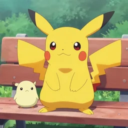 a leavanny! bug pokemon! with red eyes! and yellow skin! with a v - shaped mouth! holding a sewaddle sitting on a bench