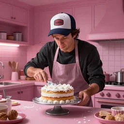Ben Stiller wearing a baseball cap and baking a cake in a pink kitchen, dreamscape, dramatic lighting, fantasy art illustration, trending on artstation, Aetherpunk