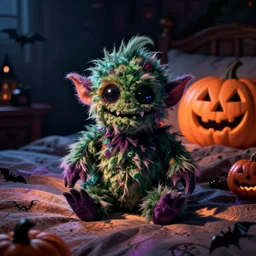 photograph of a spooky gremlin plushy on a bed, fluffy plush, halloween, vibrant color photo, style of shaun tan junji ito