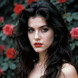 pre-raphaelite heavy metal girl with dark hair and roses in the background, blurred detail, photo by Annie Leibovitz, 80's