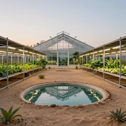 zaha hadid style greenhouse, irrigation system in the background, racks of vegetables propagated under shadecloth,  in the middle of the desert, with a miniature indoor lake, XF IQ4, 150MP, 50mm, F1.4, ISO 200, 1/160s, natural light at sunset with outdoor led strip lighting
