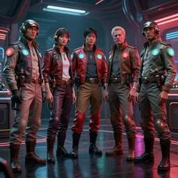 concept art, retro - futurist steampunk pilots hang out, octane render, artstation, dramatic neon lighting, reflections, glowing imperial motifs, red turquoise accents, bladerunner, by gerald brom, james jean, syd mead, akihiko yoshida, cinematic