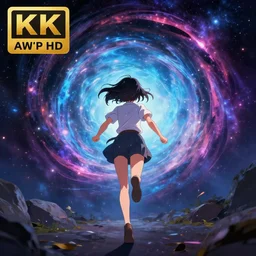 anime young girl running towards a cosmic portal, official media, wlop, concept art, digital painting, trending on artstation, highly detailed, epic composition, 8 k uhd