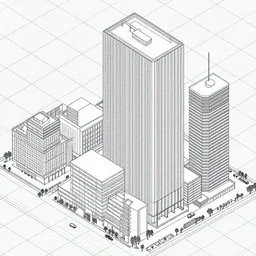 Orthographic projection of buildings superimposed on a grid