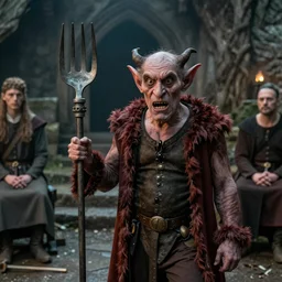 a lame dorky demon showing off his Forky pitchfork of doom to bored onlookers in medieval Scotland