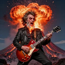 incredible realistic anthropomorphic volcano exploding, barry chuckle shredding on a gibson sg ( hyperreal detailed facial features and uv lighting, art by ed roth, frank frazetta and basil wolverton )