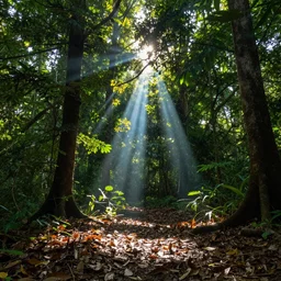 a realistic dslr hd picture of colorful sun rays passing through dense jungle trees and falling on leaves on the ground, highly detailed