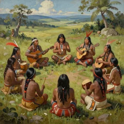 a painting of indigenous people sitting in circle and playing music, matte painting, highly detailed, fantasy art