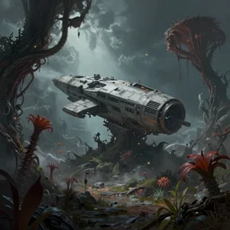 a highly detailed matte painting of an alien world with eerie flora and a crashed abandoned spaceship, dynamic lighting, ambient lighting, deviantart, art by artgerm and karol bak and mark brooks, jason edmiston