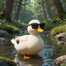 a digital art of a duck wearing sunglasses, on river, inside a forest