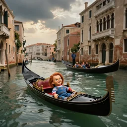 a screaming chucky doll swimming after a gondola of tourists in venice