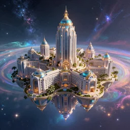 hotel floating in space, dreamy, eternity, cosmic, majestic, interstellar, iridescent sky, vibrant, digital art, airbrush, intricate, epic, depth, artstation, highly detailed, octane render, 8k