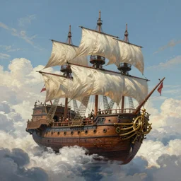 a large pirate airship flying among the clouds, soaring through the sky, airship, realist painting, pirate, beautiful, highly detailed, trending on art station