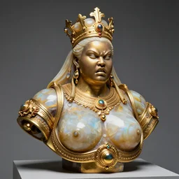iridescent tanslucent onyx and gold bust of angry futuristic obese cyborg young black empress, museum piece, chromatic distortion