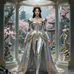 porttait of a beautiful celestial Brazilian Japanese pearlescent multiversal Goddess wearing a futuristic luxurious Renaissance suit exposed in cryo chambers by James Jean, ethereal and mecha theme, intricate, elegant, highly detailed, centered, digital painting, lush Japanese landscape, sakura season, Kyoto inspired, artstation, concept art, smooth, sharp focus, illustration, by Peter Mohrbacher, WLOP