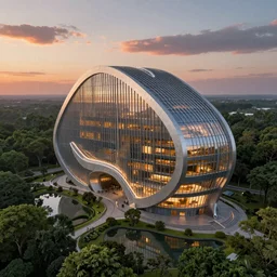 a stunningly detailed building designed by George Lloyd, surrounded by lush green forest, ponds of water, stunning volumetric lighting, sunset, metal, concrete, glass, stunning skies, trending on Artstation, 8k, photorealistic, hyper detailed, unreal engine 5, Rhinoceros 3D, IMAX quality, cinematic, epic lighting, in the style of Greg Rutkowski