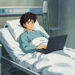 man working on his laptop on his deathbed alone in the hospital, perfect art, at hospital, gapmoe yandere grimdark, trending on pixiv fanbox, painted by ilya kushinov makoto shinkai takashi takeuchi studio ghibli, akihiko yoshida