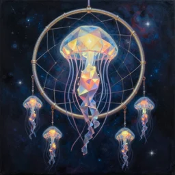 detailed realistic dreamcatcher geometric glow painting a jellyfish emitting light in the cosmos by alex grey symmetry