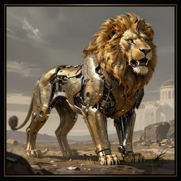 mechanical lion, digital illustration, concept art, artstation, full image with border around it