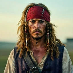 photo portrait of an rugged strong albino african pirate with a red headband | vest | young adult, blonde mustache, afro blonde hair, stern face, rugged and dirty, cinematic lighting at sundawn, movie color grading