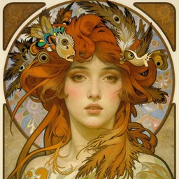 realistic detailed face portrait of a beautiful young goddess with quetzal feathers in her elaborate hair by alphonse mucha, ayami kojima, amano, greg hildebrandt, and mark brooks, art nouveau, neo - gothic, gothic