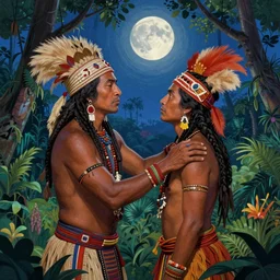 a shaman lovingly holding the shoulder of another shaman in the jungle while starring at the moon, beautiful colors, art by christophe vacher