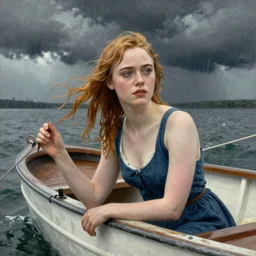 Elle Fanning on a boat during a storm, by Norman Rockwell, Extremely detailed. 8K. Award winning.