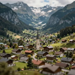 tilt shift focus, close up miniature town in an alpine valley, extreme dof