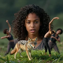 a closeup of a young black haired woman talking with an intelligent coyote on the top of a verdant green hill. dance photography, dynamic dance photography, gary baseman, dan mumford, pedro correa, jon macnair, mad magazine, horror vacui, intricate detailed, looking straight into camera